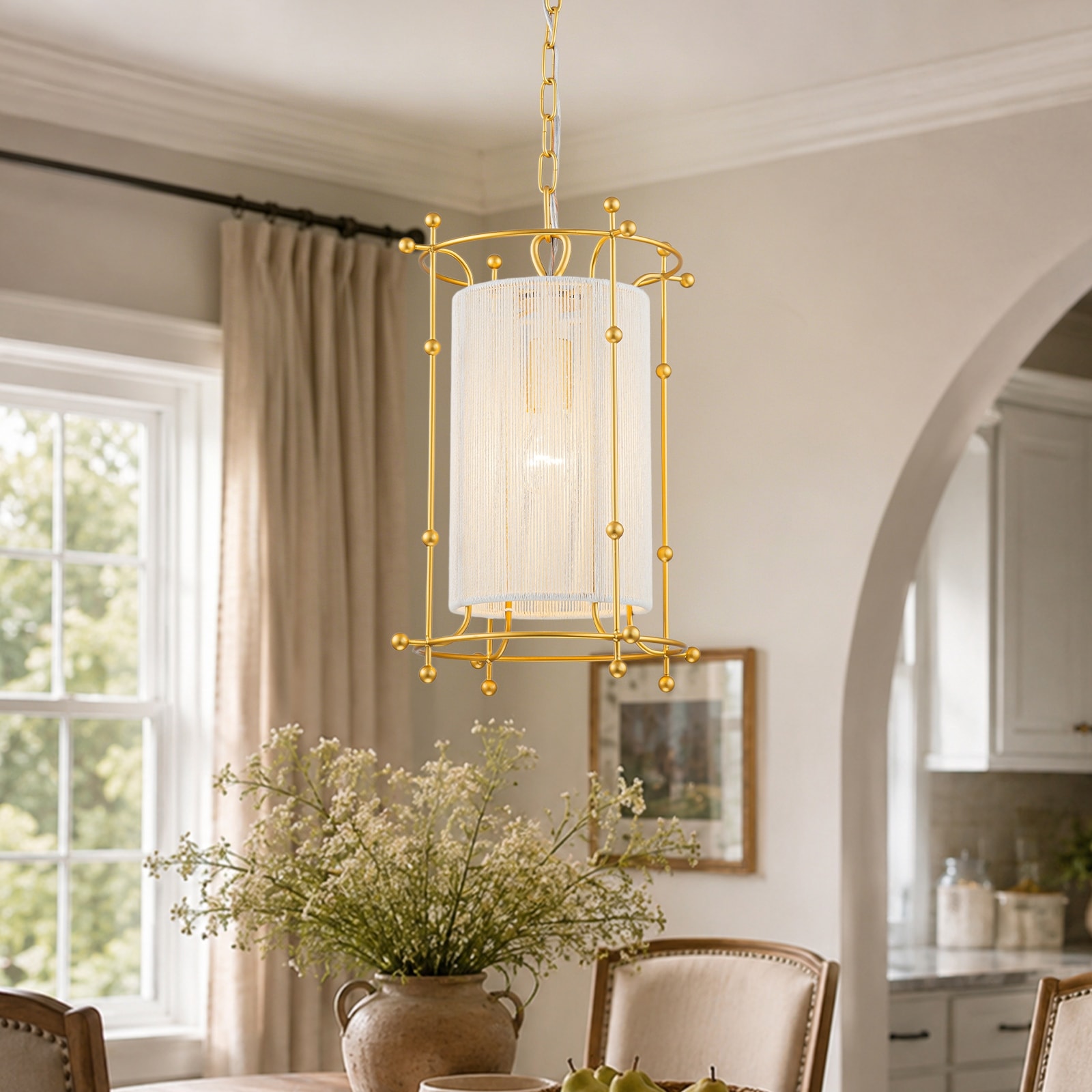 Modern Gold Cylinder Pendant Light White Fabric Shade Kitchen Island - Dia.11.02inch