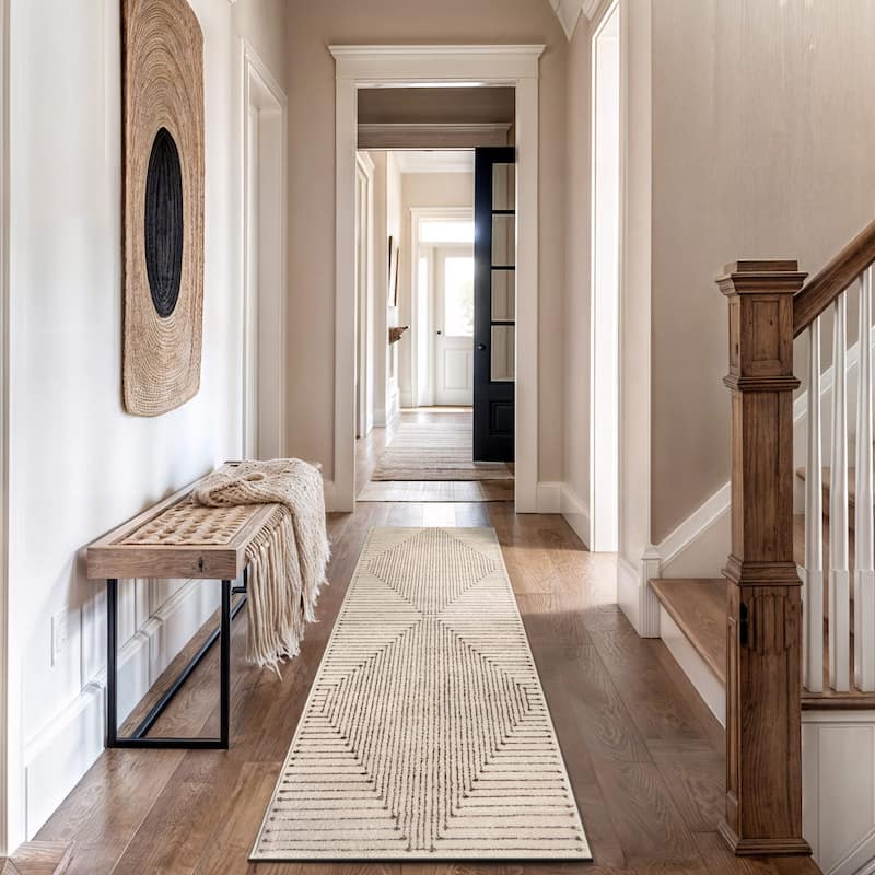 Modern Geometric Durable Area Rug, Pet Friendly for Any Room - 2' 3" x 12' - Beige