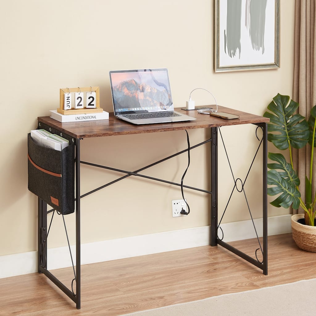 Javlergo Folding Desk with Charging Station, 39 inch Small Computer Study Table with Storage Bag