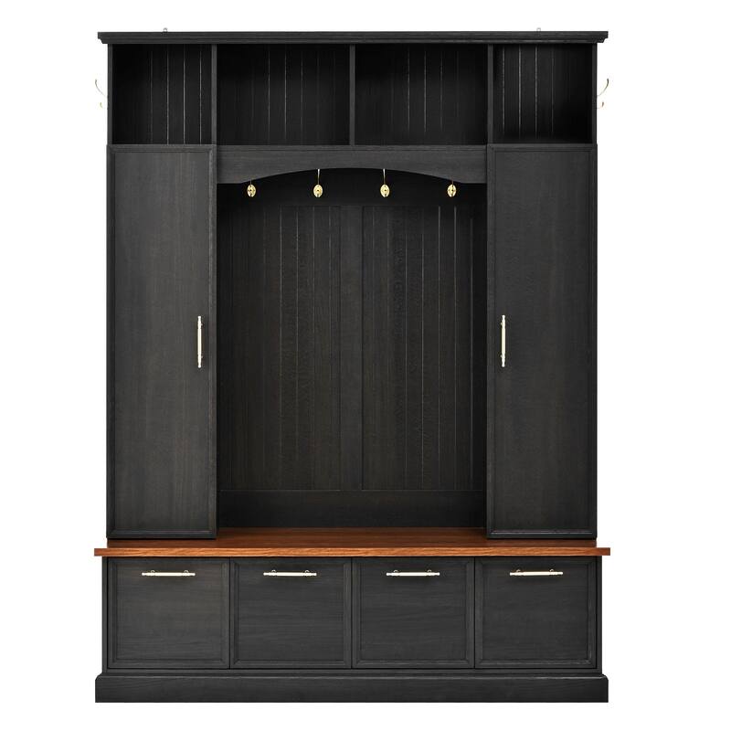 59" Farmhouse Hall Tree - 4-in-1 Entryway Bench with Golden Hooks, Adjustable Shelves & Shoe Storage