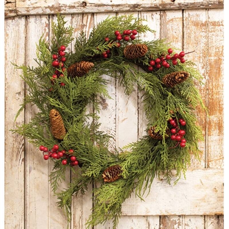 Winter Greenery Cedar and Red Berry Wreath for Front Door 22 Inch