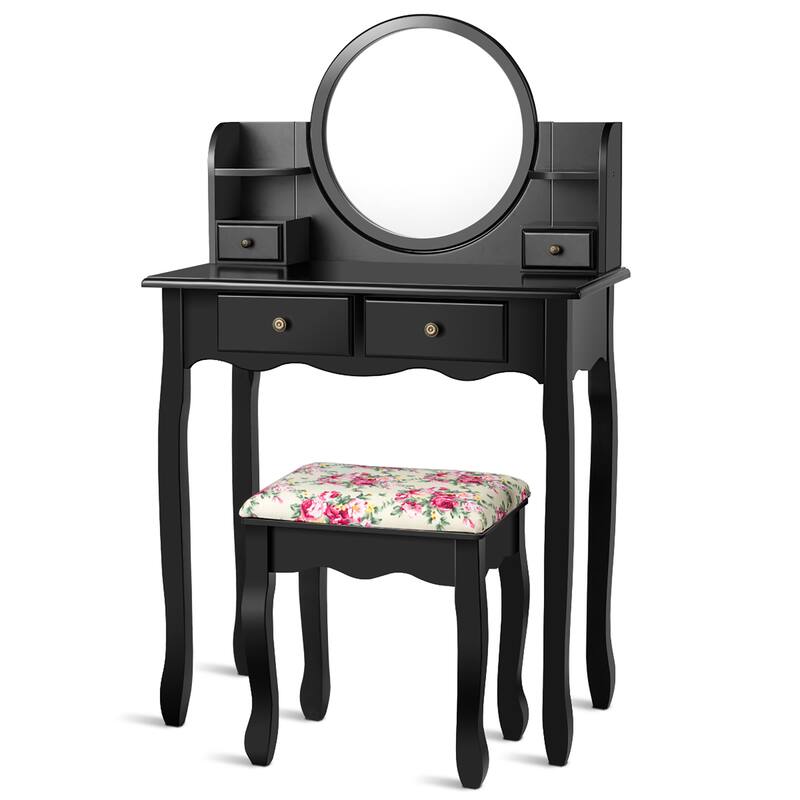 Makeup Vanity Table Set with Upholstered Stool Drawers Oval Mirror - Black