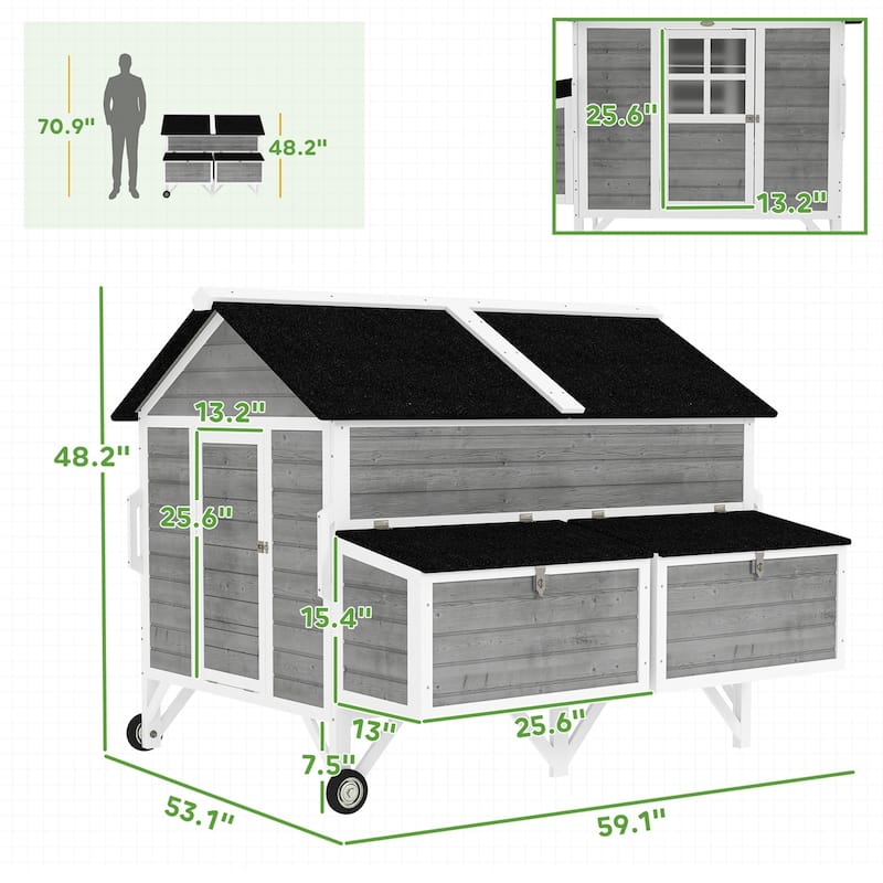 Large Wooden Chicken Coop with 2 Nesting Boxes, Wheels and Ramp - 59.1" W × 53.1" D × 48.2" H