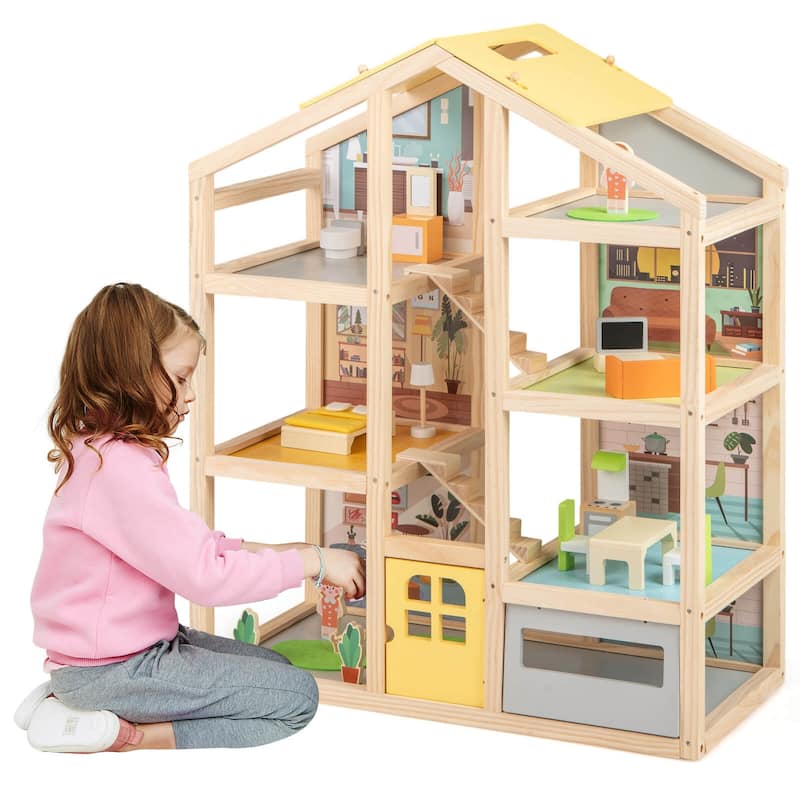 Costway Kids Wooden Dollhouse with 7 Rooms 18 Pcs Furniture - Natural - See Details