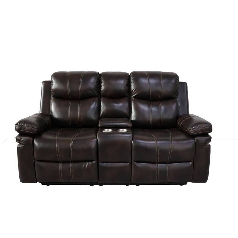 Linden 69 Inch Loveseat with Dual Recliners, Console, Brown Faux Leather
