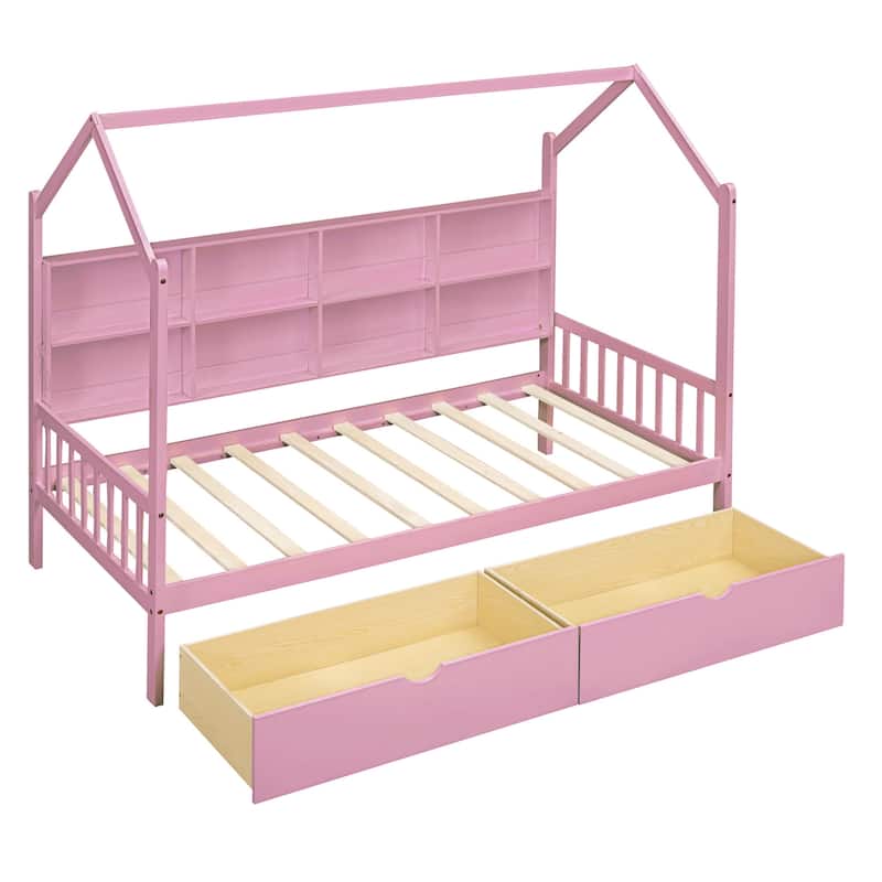 Wooden Twin Size House Bed with 2 Drawers