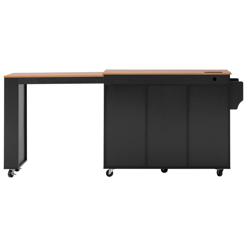 Extendable Dining Table Rolling Kitchen Island with 3 Side Open Shelves, Power Outlet, 3 Drawers and 2 Doors