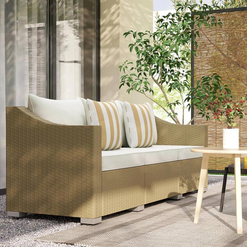 3 Seater Patio PE Rattan Couch with Cushions, 2 Throw Pillows - Cream White