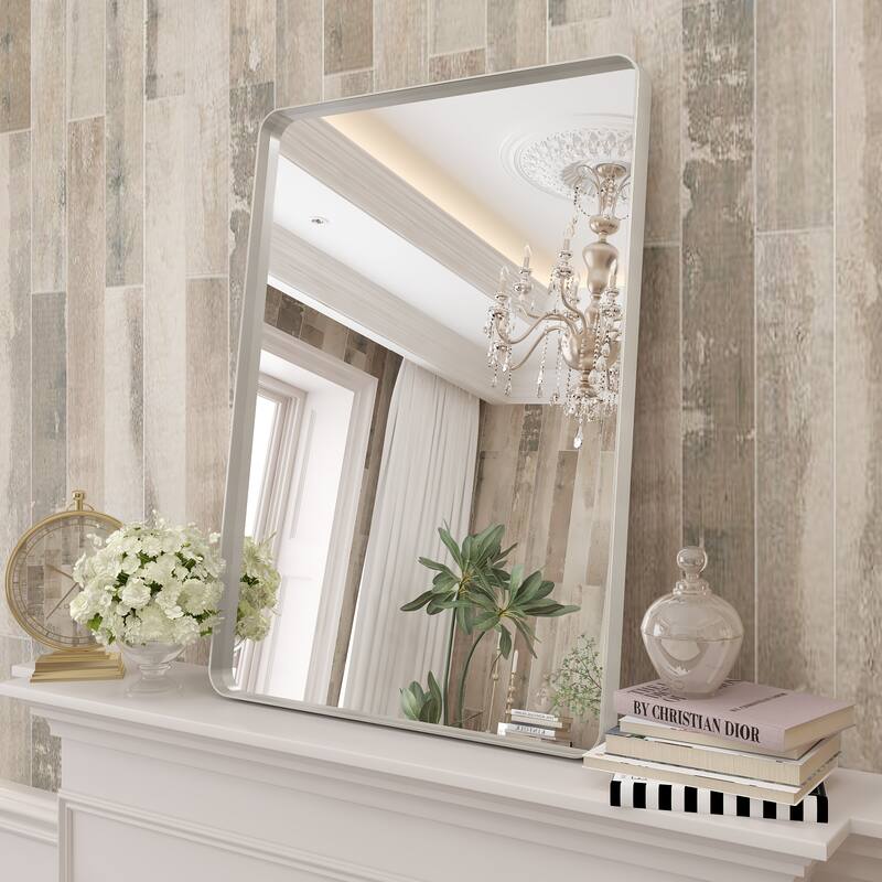 Modern Metal Frame Wall Mounted Bathroom Vanity Mirror - 28x20 - Silver
