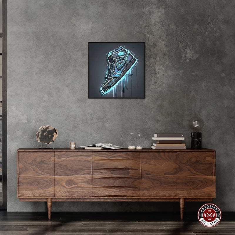 Notoriart Blue Glow Sneaker Framed Sneaker 1 Piece Canvas Wall Art