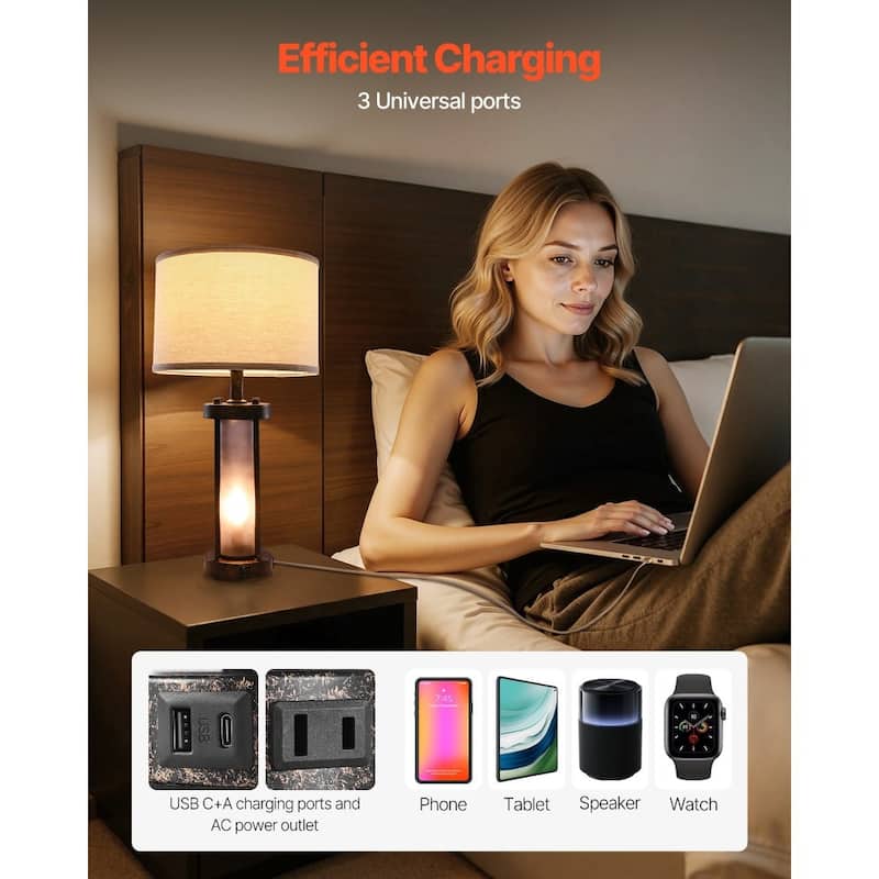 Set of 2 White-Black Table Lamp with Dual Lights USB-C, USB and AC Ports - 24.2 x 12.6 x 12.6 in