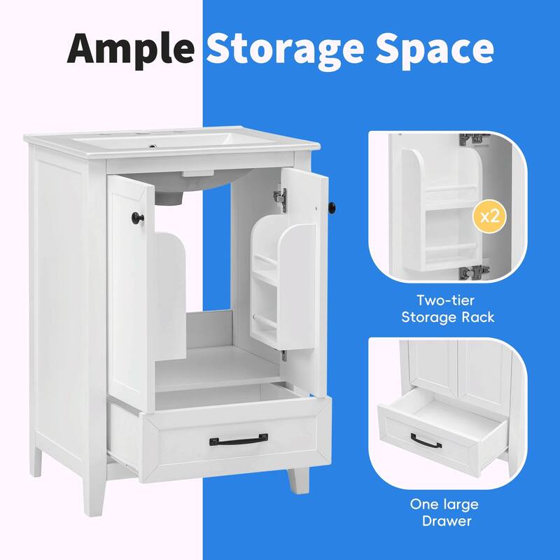 24" Bathroom Vanity with Sink, Solid Wood & MDF Cabinet, Drawer and Doors