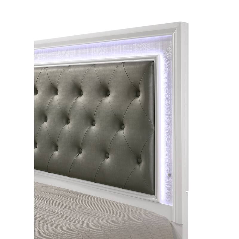 Queen Size LED Panel Bed with White Crocodile Finish and Upholstered Headboard