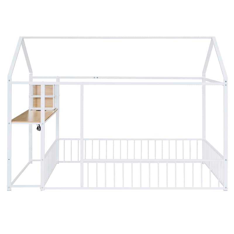 Full Size Metal Bed House Bed Frame with Desk, Shelves, Power Outlets and USB Ports, White