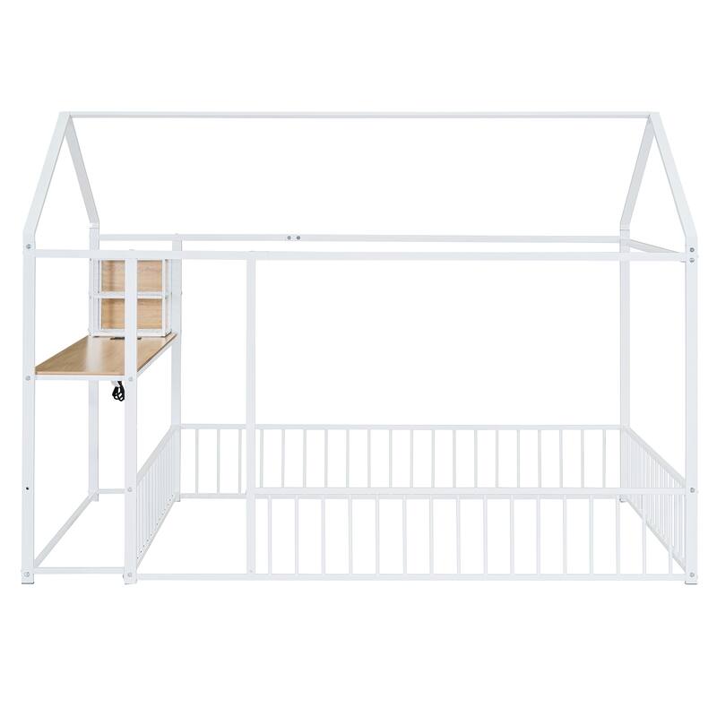 Metal House Bed Frame, Kids Montessori Bed Floor Bed with Side Desk, Power Outlets and USB Ports