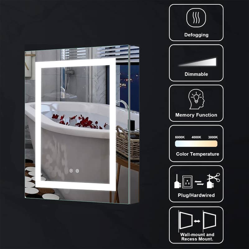 30" H Recessed or Surface LED Mirror Cabinet with Adjustable Glass Shelves,Defogger, Dimmer And Outlets & USB Ports