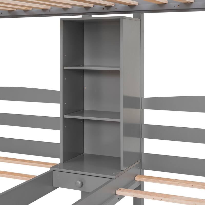 Twin Over Twin & Twin Pine Triple Bunk Bed with Drawers, Staircase, and Shelves