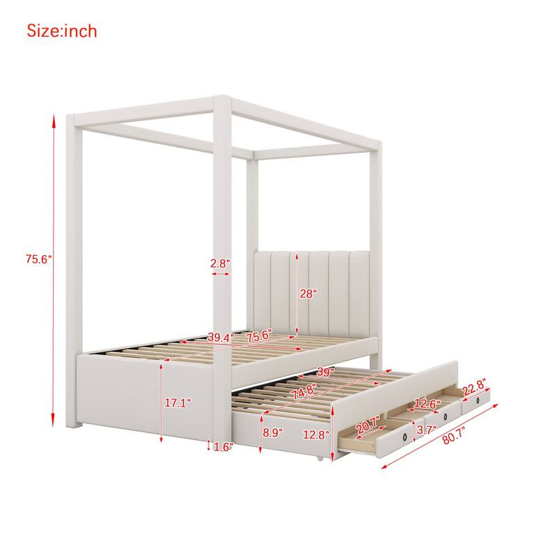 Bedroom Twin Size Canopy Bed Frame, Upholstery Linen Platform Bed with Three Storage Drawers and Pull-Out Trundle Bed