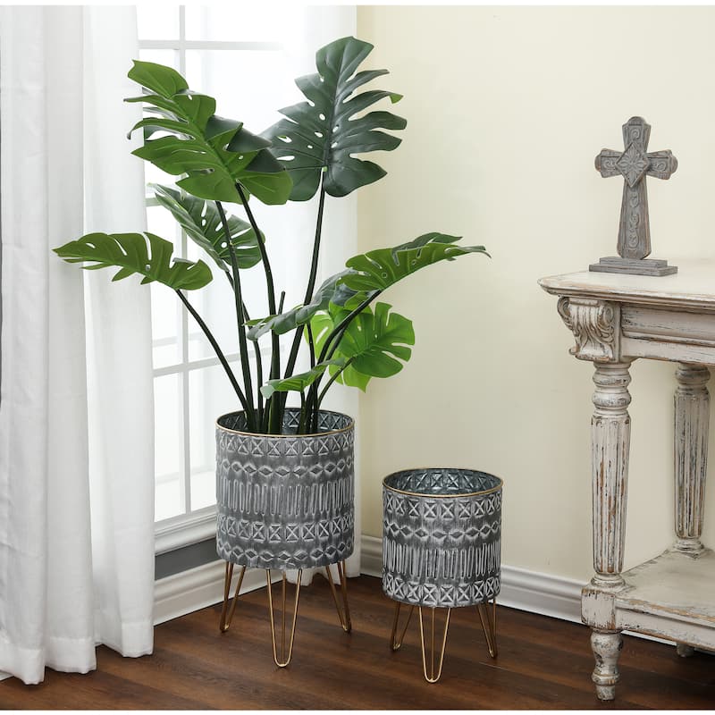Aztec Grey Round Metal Planters with Gold Legs (Set of 2)