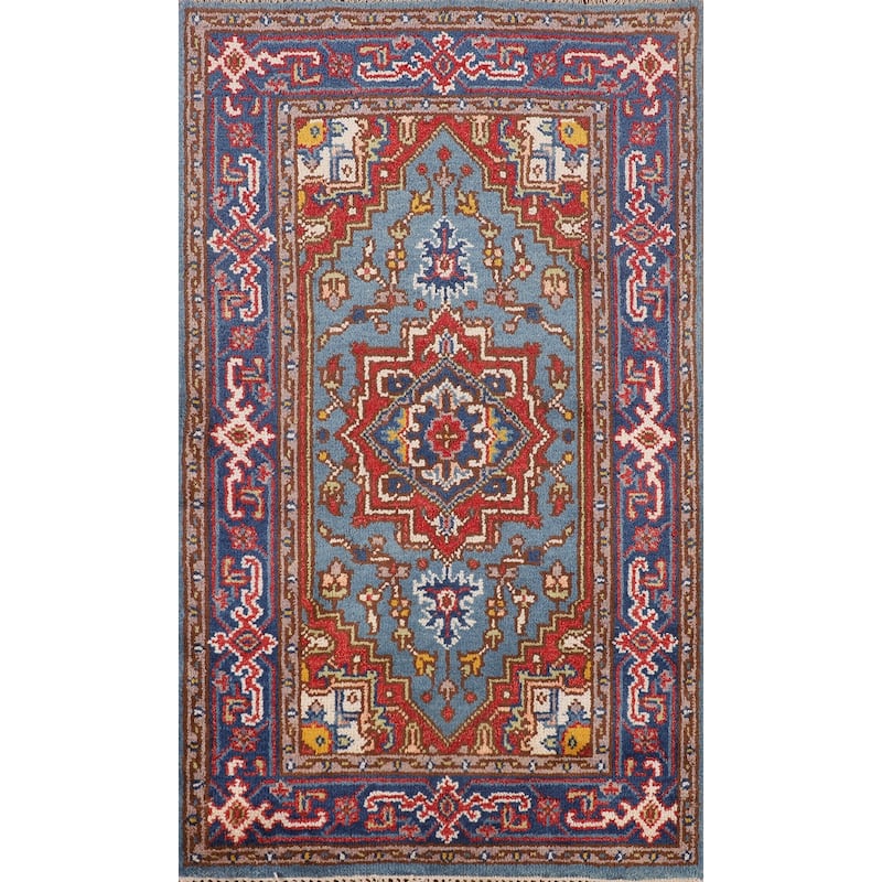 Blue Geometric Heriz Serapi Oriental Foyer Rug Handmade Wool Carpet - 3'0"x 5'0"