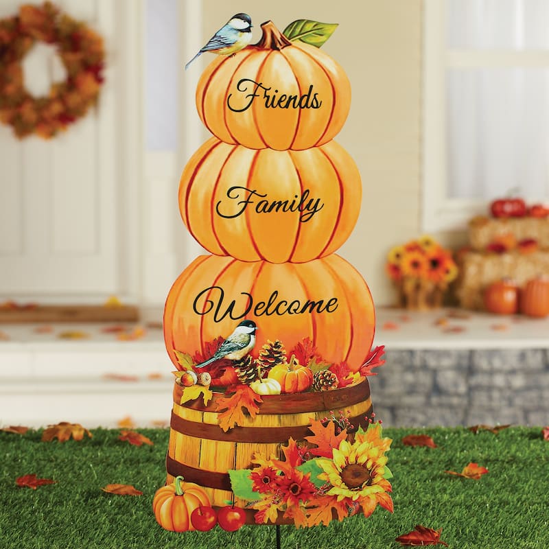 Welcome Friends and Family Harvest Outdoor Garden Stake - 11.25 x 30 x 0.25 - Orange - 11.25 x 30 x 0.25 - Metal