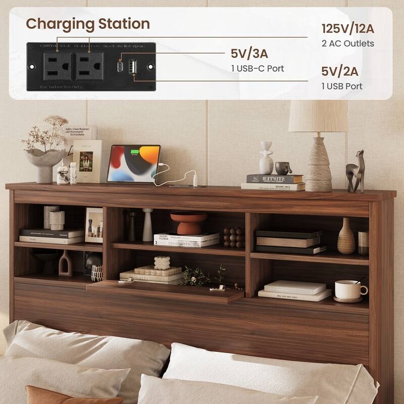 Wooden Bed Frame with Storage Headboard and Charging Station Bedroom Sets