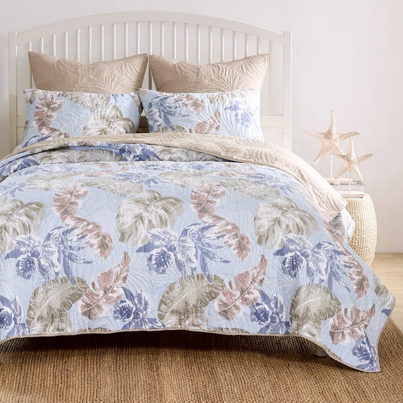 Greenland Home Fashions Tropics Finely Stitched Palm Leaf Reversible Quilt Set