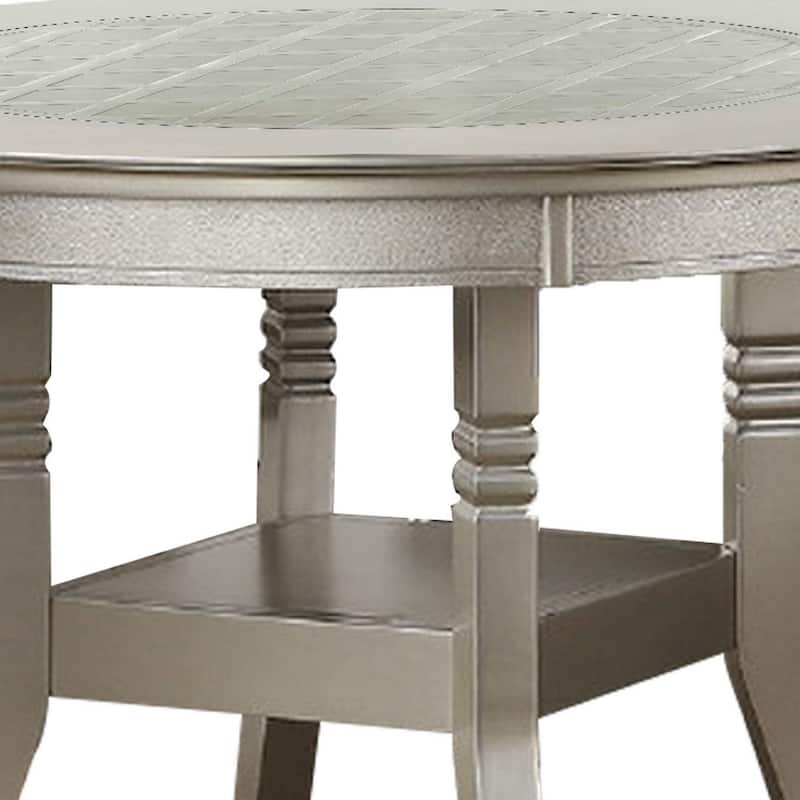 Round Wooden Dining Table with Glass Inserted Top, Champagne Silver