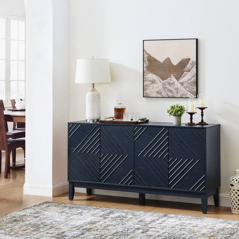 Buffet Cabinet with Storage, Farmhouse Fluted Sideboard with Geometric Pattern & Adjustable Shelves - Blue