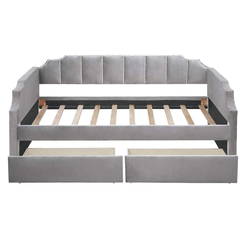 Twin Size Upholstered daybed with Drawers, Wood Slat Support, Gray