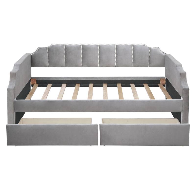 Upholstered Twin Daybed with Storage Drawers, Velvet Fabric, Wood Frame, Space-Saving Bed for Bedroom or Guest Room