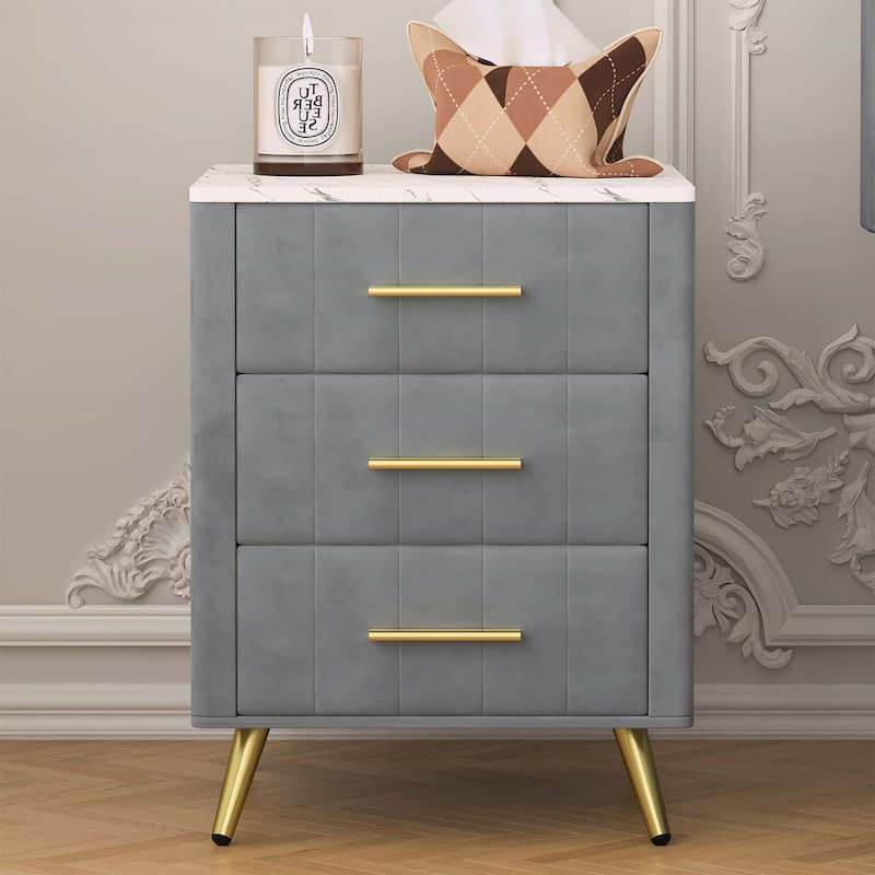 Modern Nightstand with 3 Drawers and Metal Legs&Handles,with Marbling Stickers Worktop