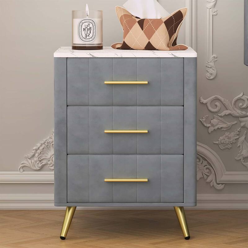 Stylish Design Upholstered Nightstand with 3 Drawers and Metal Legs & Handles