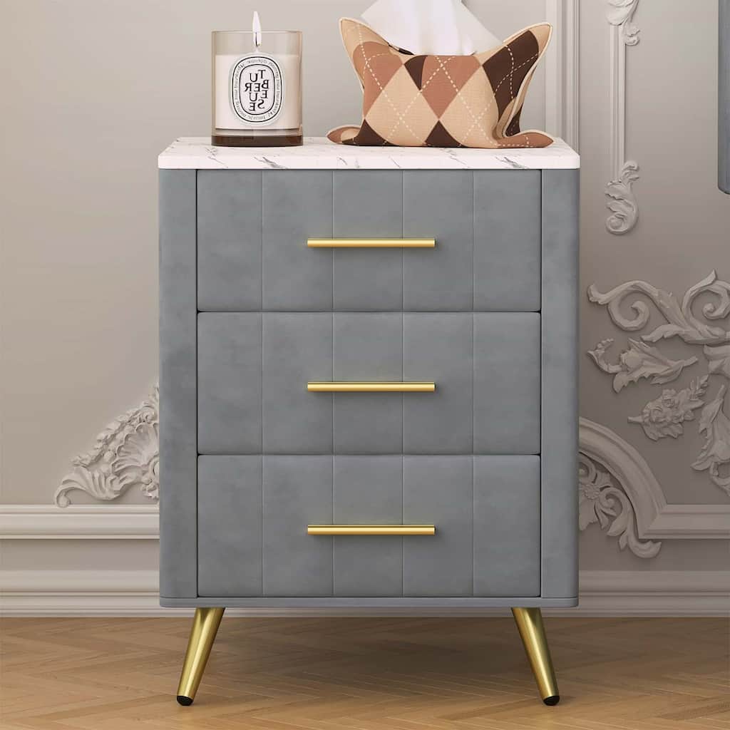 Upholstered Wooden Nightstand with 3 Drawers