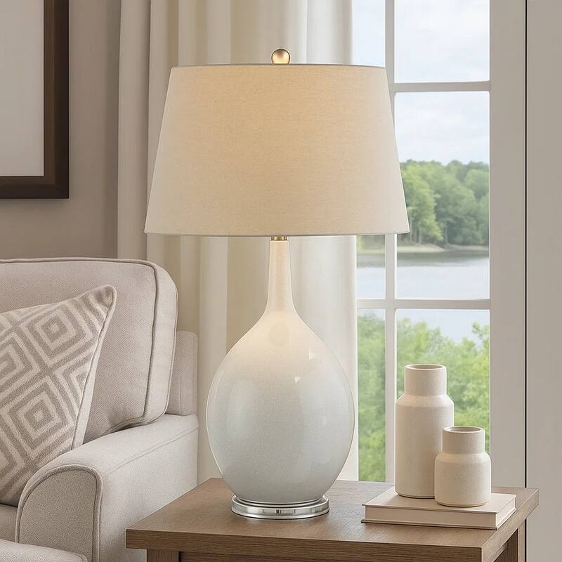 32 Inch Table Lamp, Empire Shade, Ceramic Stand, Crackle White Finish