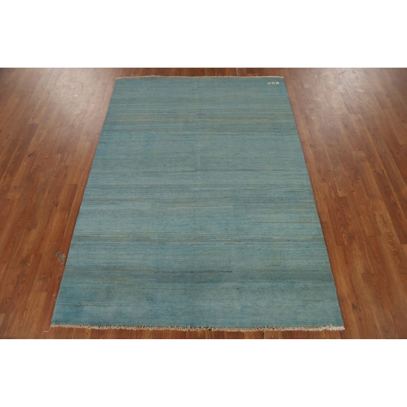 Striped Blue Modern Gabbeh Oriental Area Rug Handmade Wool Carpet - 4'4" x 5'11"