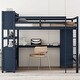 preview thumbnail 2 of 9, Full Size Dark Blue Loft Bed with Wardrobe, L-Shaped Desk, Cabinet, Bookshelf, and Safety Rails