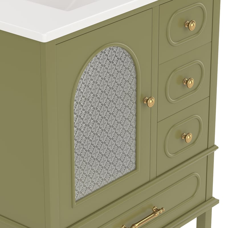 30" Bathroom Vanity with Sink, Freestanding Wood Cabinet with 3 Drawers and Semi-Transparent Door, Single Vanity