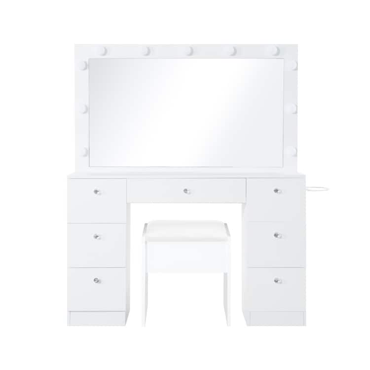 Makeup Vanity Table with 11 Lights, Power Outlet, 7 Drawers & Mirror - White