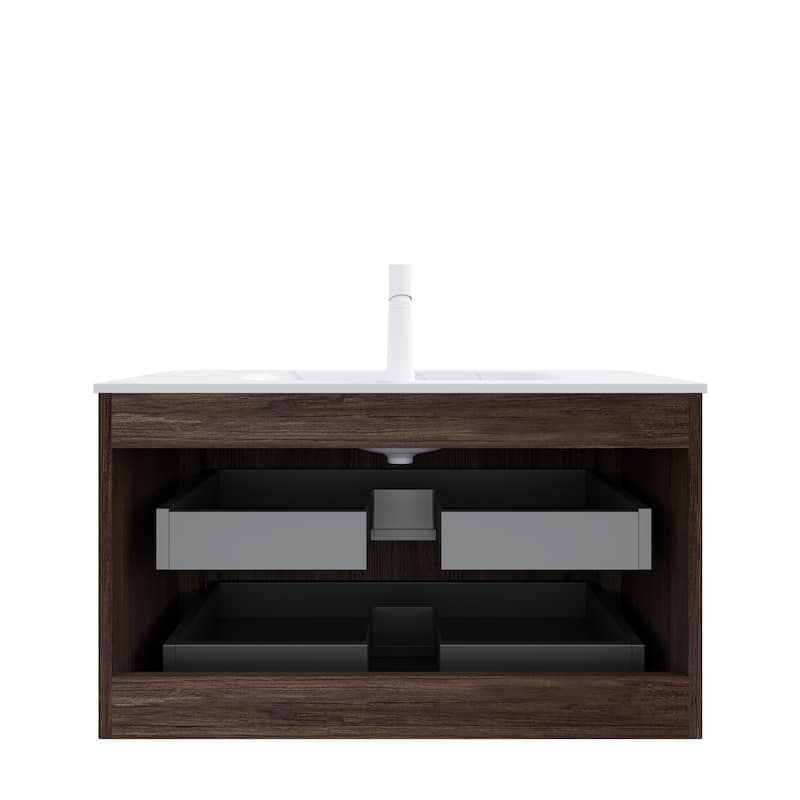 36" Bathroom Vanity & Sink, Floating Stripe Plywood Storage Cabinet with 2 Drawers, Integrated Rectangle Basin