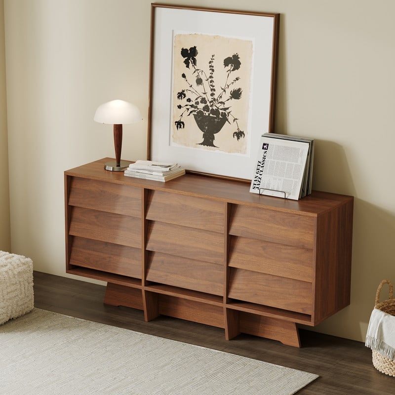 59" Mid Century Modern Sideboard Buffet Cabinet, Brown Wood Storage Cabinet with 9 Drawers for Living Room, Dining Room