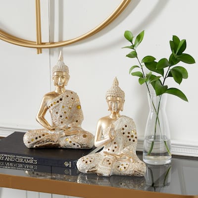 Gold Polystone Meditating Buddha Sculpture with Engraved Carvings and Relief Detailing (Set of 2) - 8 x 5 x 10 and 8 x 4 x 11