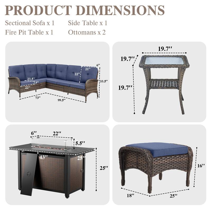 Outdoor Sectional Sofa Ottomans with Fire Pit Table