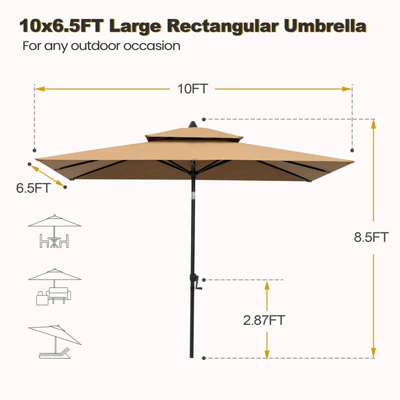 VredHom 10 x 6.5 Ft Double Top Market Patio Umbrella with Tilt-and-Crank