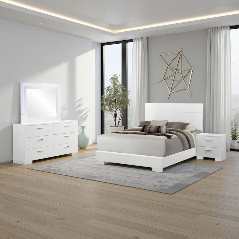 Sok 4pc Queen Bedroom Set, Blue LED Lights, Chrome Metal, White Wood