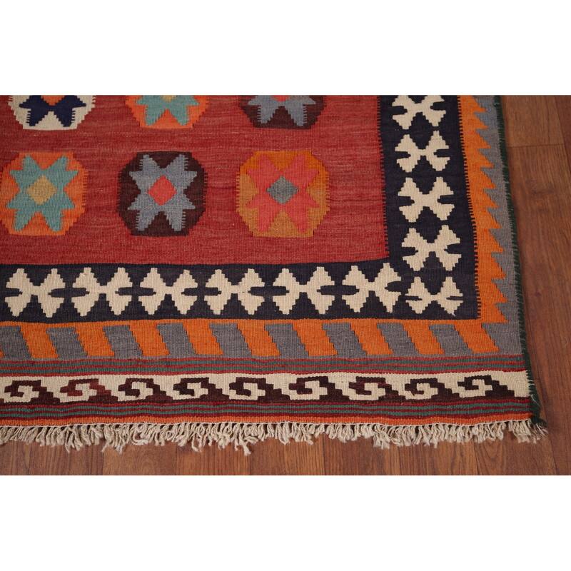Kilim Qashqai Persian Vintage Rug Hand-Woven Pink Wool Carpet - 5'0"x 7'10"