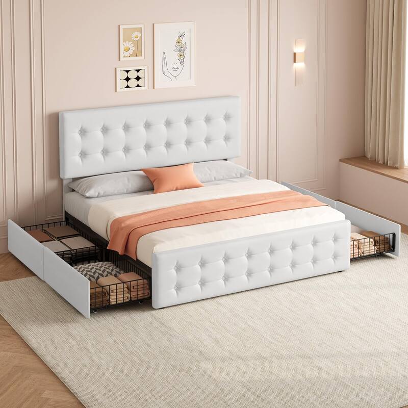 Full Bed Frame with Headboard and 4 Storage Drawers, Platform Bed Frame Square Stitched Button Tufted