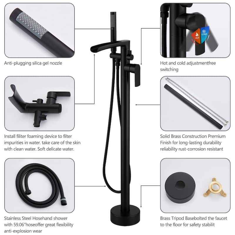 Single Handle Floor Mounted Freestanding Waterfall Tub Filler with Handheld Shower