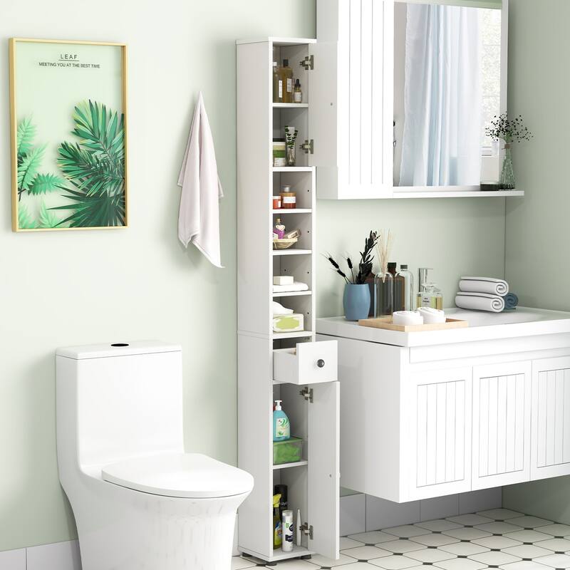 Narrow Freestanding Storage Cabinet for Bathroom Kitchen or Living Room Organization - 8" x 8" x 71" - White