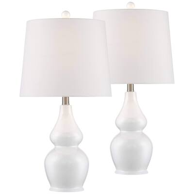 Table Lamps 25" Tall Set of 2 with Dimmers White Ceramic Double Gourd Fabric Tapered Drum Shade for Bedroom Living Room House